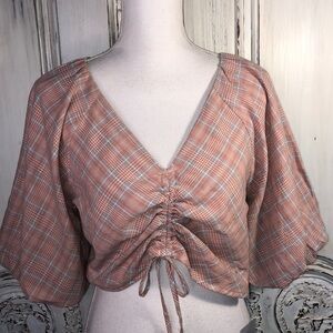 Nordstrom Maijic Blush Plaid Mid Sleeve 100% Cotton Shell Blouse Size Medium NWT